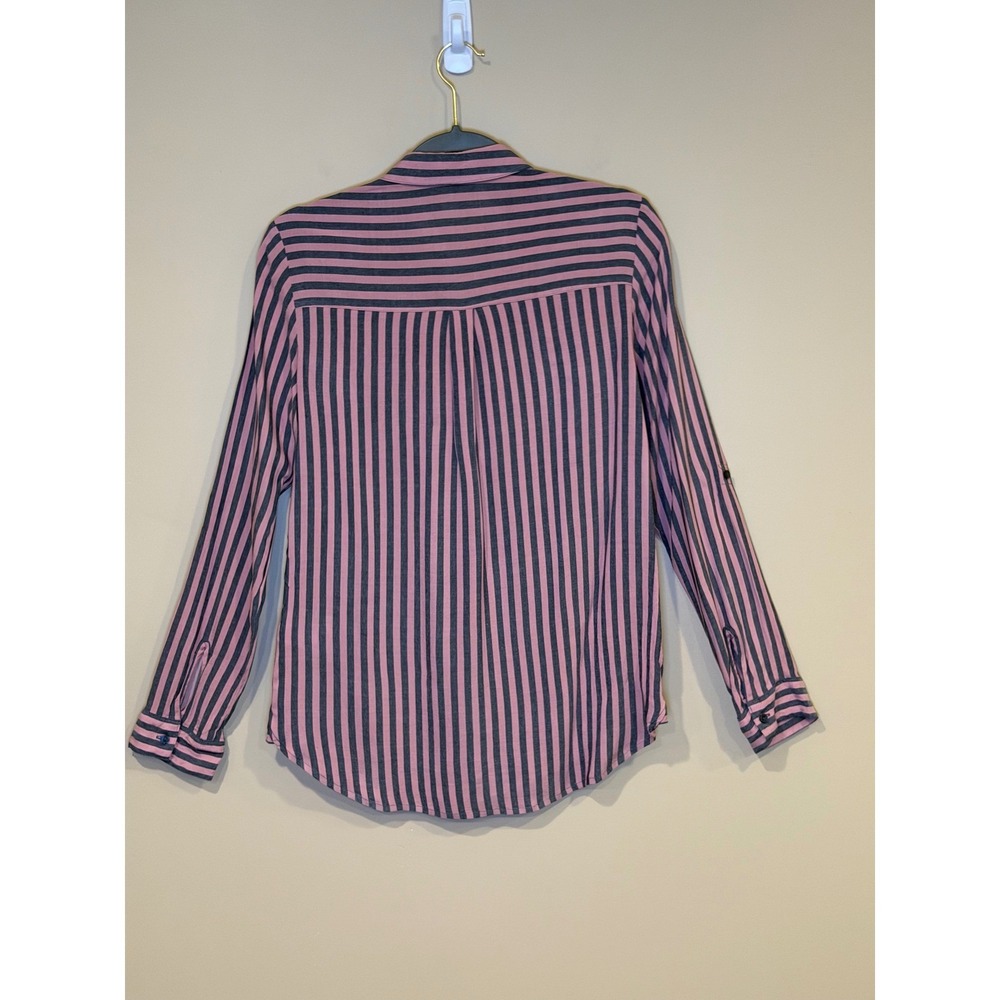 Express Womens Pink Navy Blue Striped Small Button Down Top Office Work Casual - Picture 5 of 6